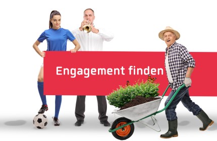 Das Bild zeigt drei Freiwillige in den Bereichen Sport, Musik und Natur zusammen mit dem Slogan "Engagement finden".