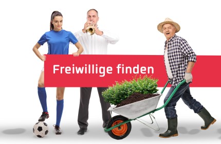 Das Bild zeigt drei Freiwillige in den Bereichen Sport, Musik und Natur zusammen mit dem Slogan "Freiwillige finden".
