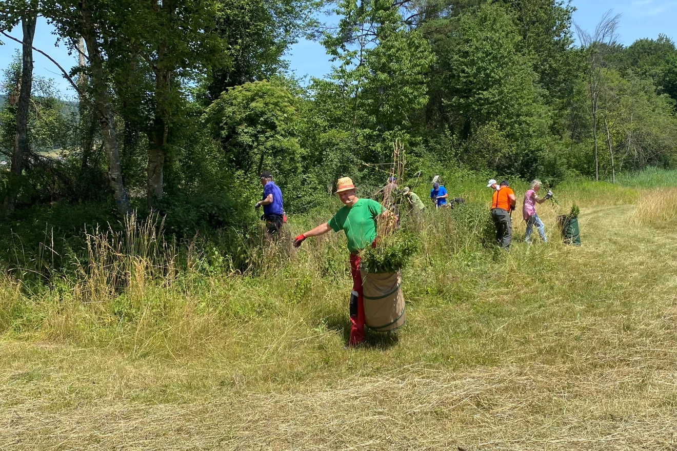 Das Bild zeigt eine Gruppe von acht Freiwilligen bei ihrem Einsatz in der Natur.