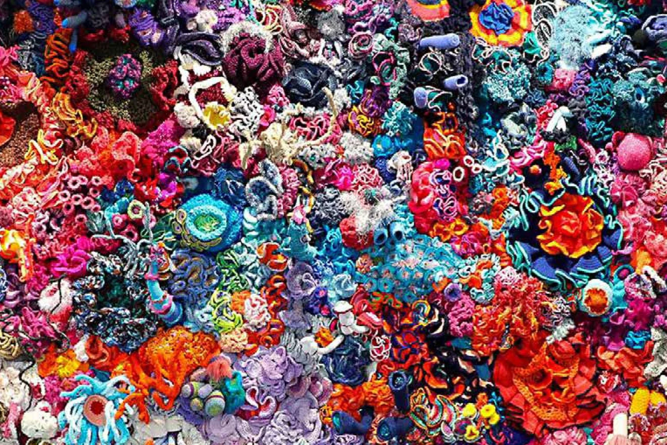 Titelbild Fachmagazin benevol Nachrichten zum Thema Kultur mitgestalten. Das Bild zeigt ein kunterbuntes, gestricktes Korallenriff.